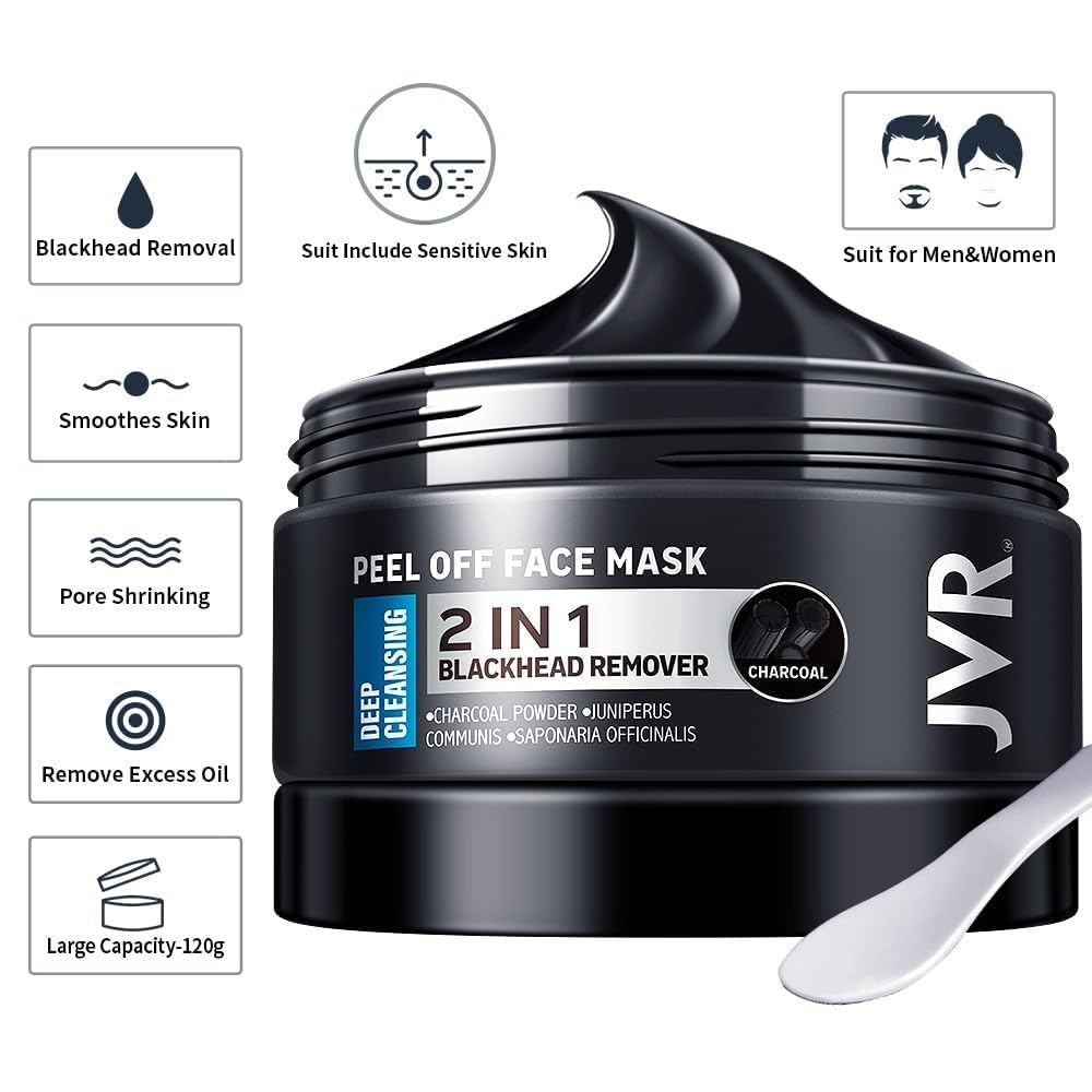 JVR Peel Off Face Mask, Blackhead Remover Mask for Men, Charcoal Peel Off Black Mask, Facial Mask Purifying and Deep Cleansing for All Skin Types 4.23 OZ - Medaid International