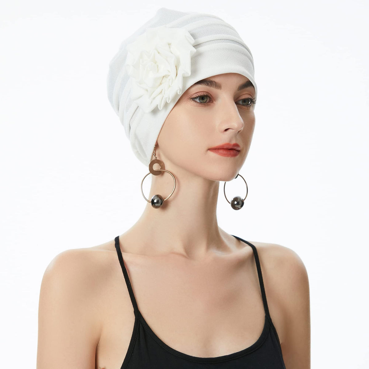 TERRIFI Women's Turban Beanie Hat with Flower - Elastic Chemo Headwear, Floral Head Wrap Cap, White