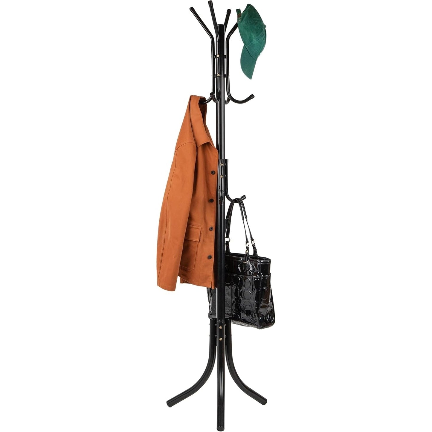 Mind Reader COATRACK11 Standing Metal Coat Rack Hat Hanger 11 Hook for Jacket, Purse, Scarf Rack, Umbrella Tree Stand, Black - Medaid International