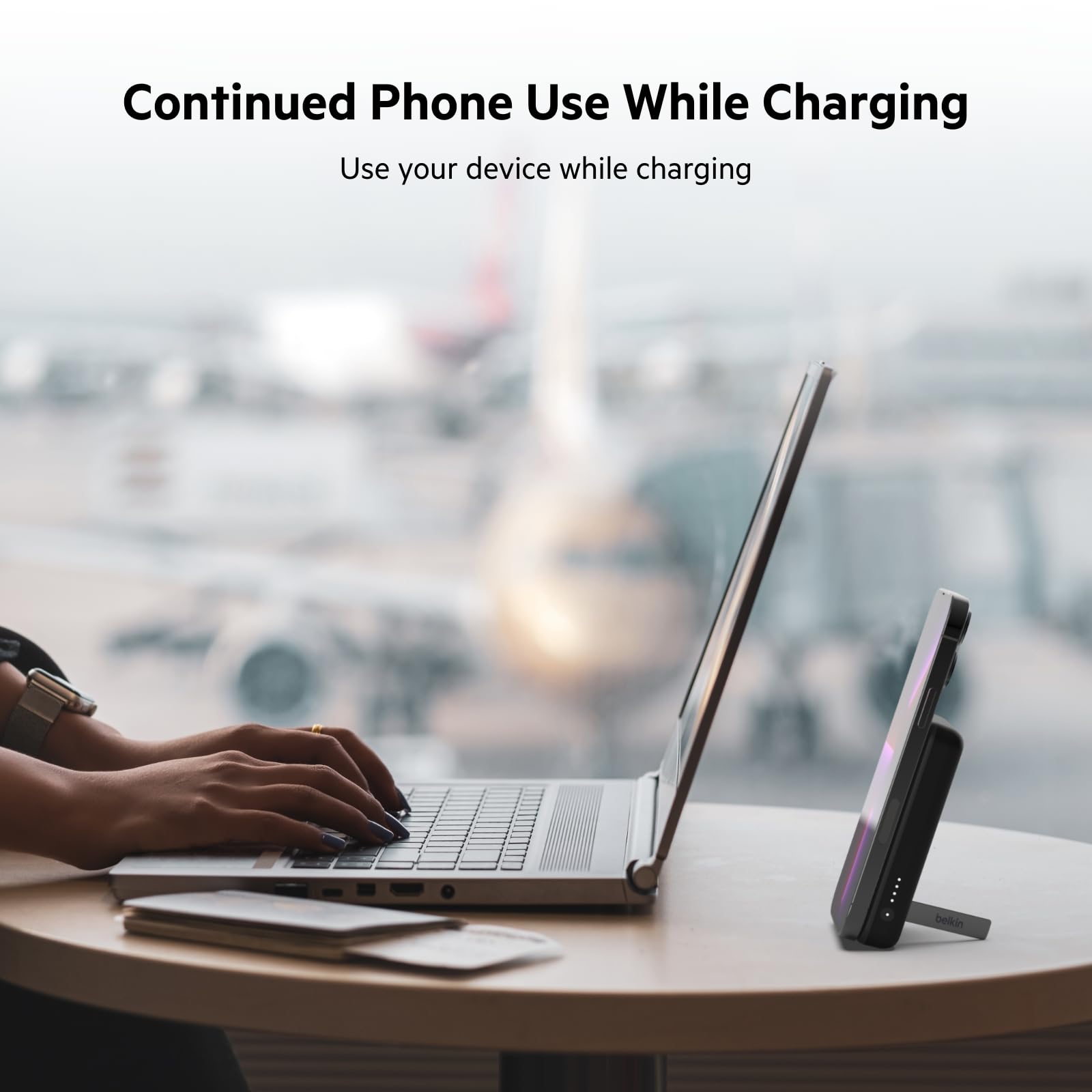 Belkin Portable Charger, Wireless Power Bank 5000 mAh MagSafe Charger 7.5W, Built-in Pop-up Kickstand - Compatible w/iPhone 17, Air, Pro, ProMax, AirPods, Apple Watch, Google Pixel 10, etc. - Black - Medaid International