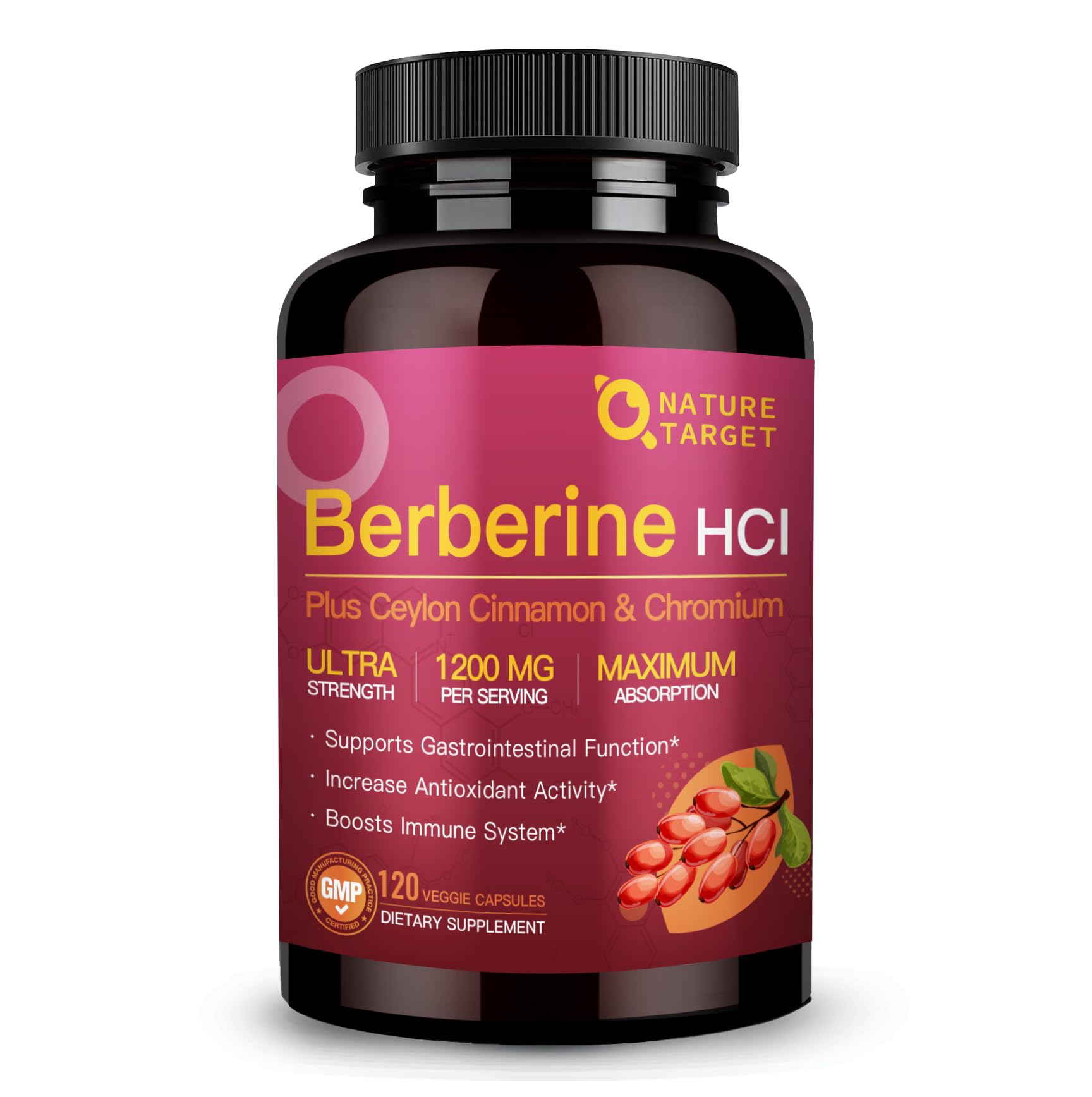 NATURE TARGET Berberine HCl 1200mg, Berberine Supplement with Ceylon Cinnamon, Chromium - Supports Immune, Gastrointestinal & Heart Health, Non-GMO, 120 Capsules - Medaid International