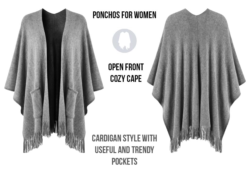 KASTWAVE Women's Open Front Poncho Cape with Pockets Soft Knit Fringe Shawl Wrap, Grey