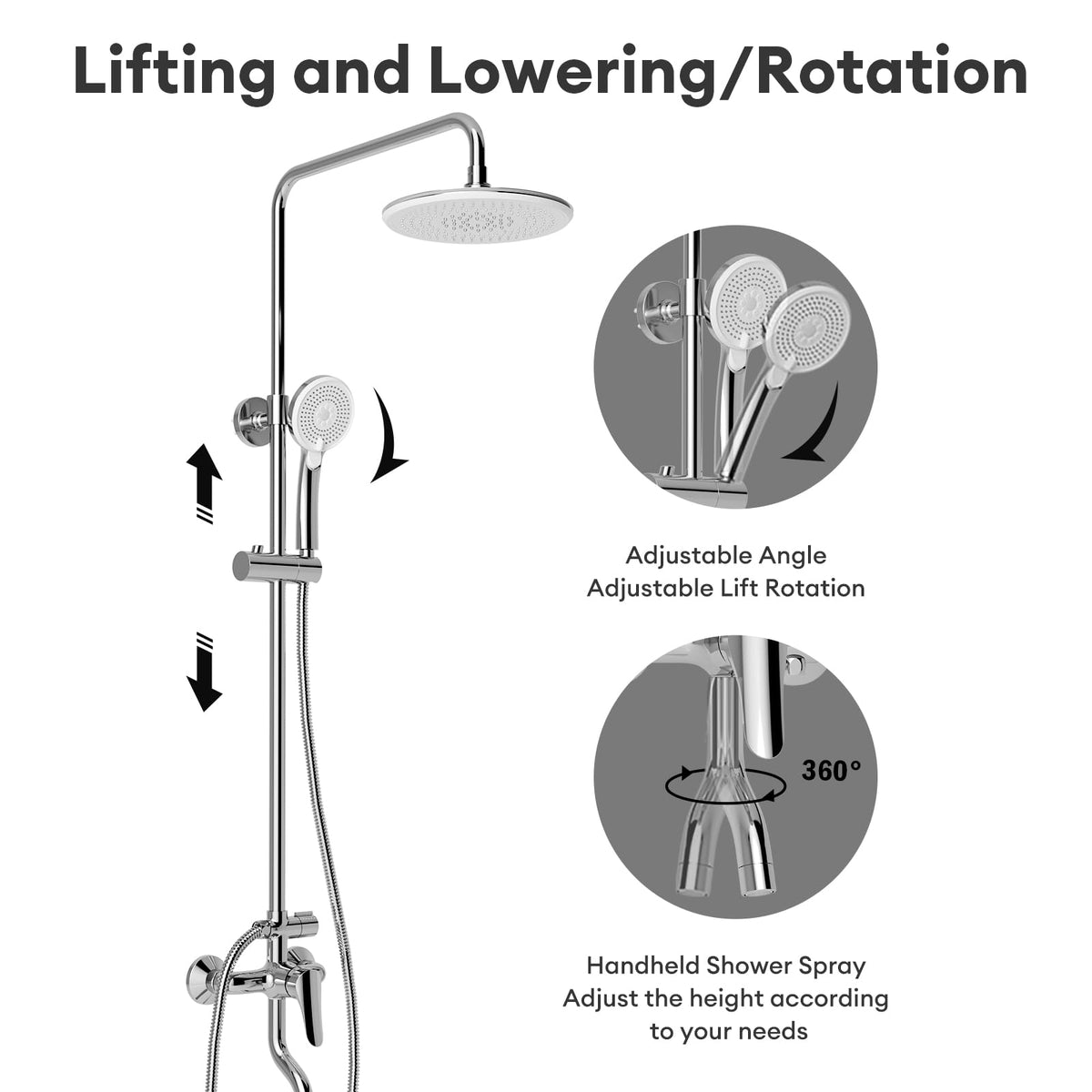 JOMOO Bathroom Shower Set, 9 "High Pressure Rainfall Shower, Handheld Showerhead and Shower Tap Combo, 3 Function Multifunctional Shower System with one button on/off, Chrome