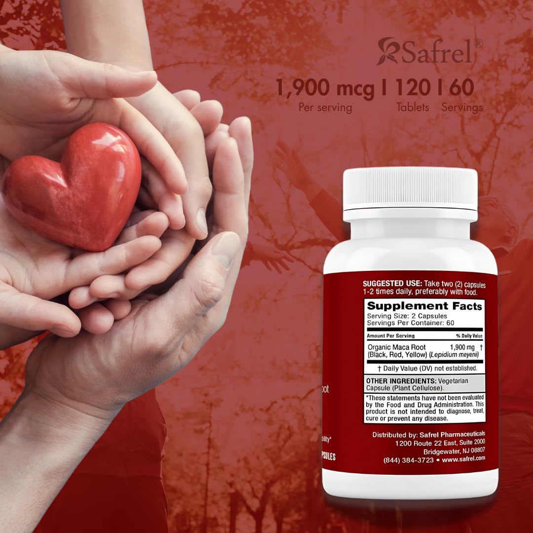 Safrel Organic Maca Root Black, Red, Yellow 1900 MG per Serving - 120 Vegan Capsules Peruvian Maca Root Gelatinized 100% Pure Non-GMO Supports Reproductive Health Natural Energizer - Medaid International