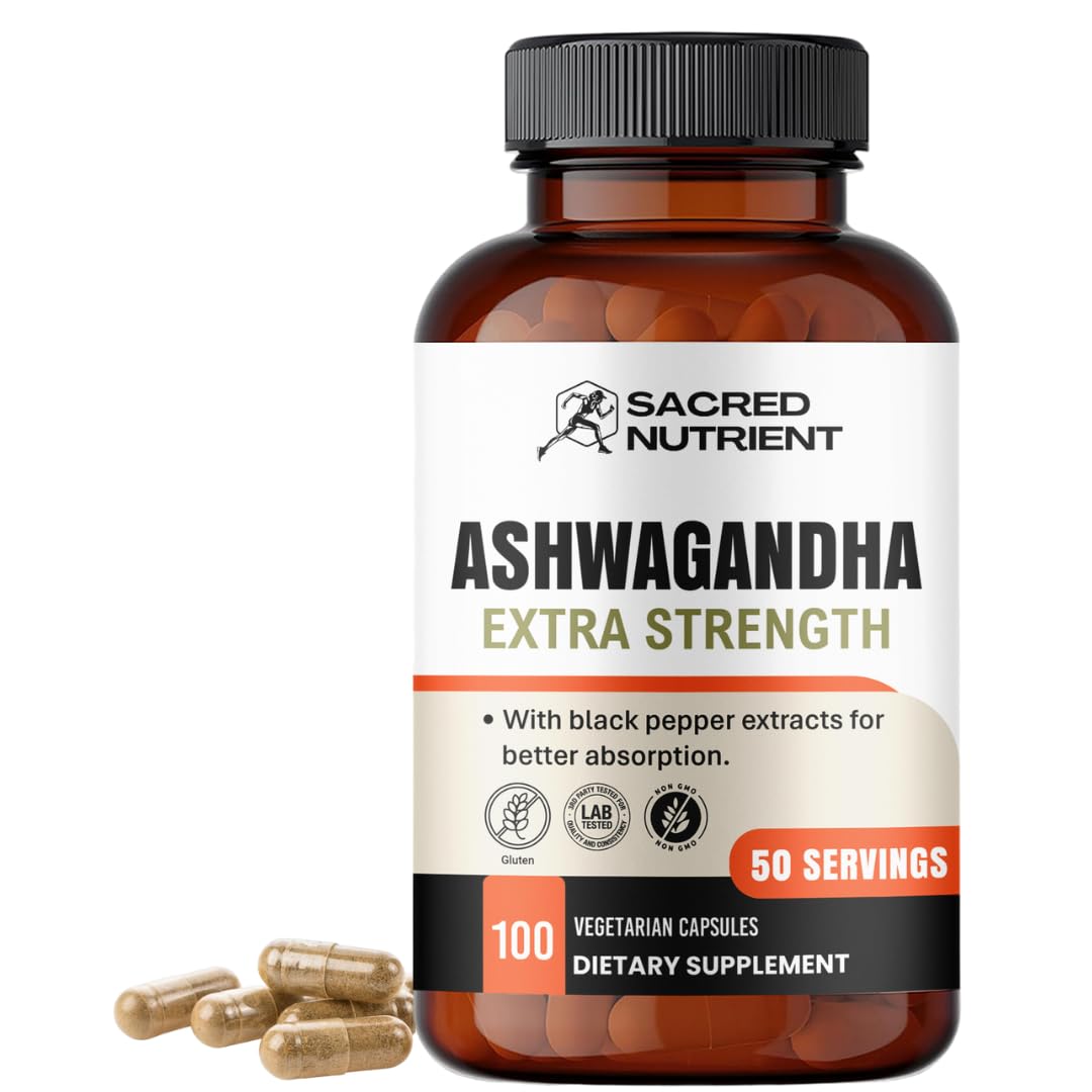Sacred Nutrient Ashwagandha Organic Extra Strength Supplement with Black Pepper for Stress & Mood Support, Energy 300mg Extract (Equivalent 3000mg Herb), 100 Capsules - Medaid International