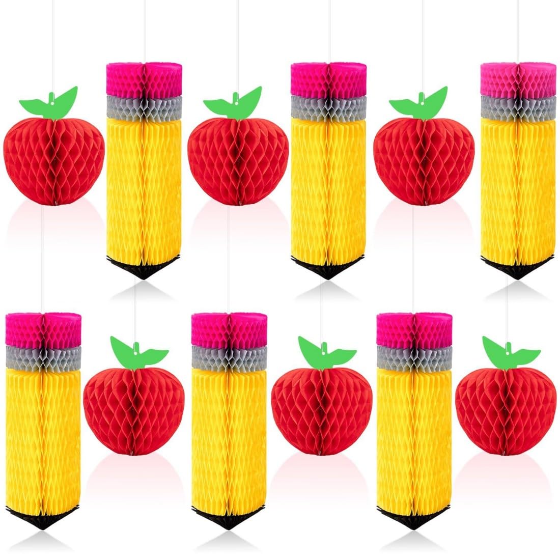 TERRIFI 16Pcs Back to School Classroom Decorations – Pencil & Apple Shaped Hanging Honeycomb Ornaments for Teacher Appreciation Week, First Day of School, Nursery, Primary