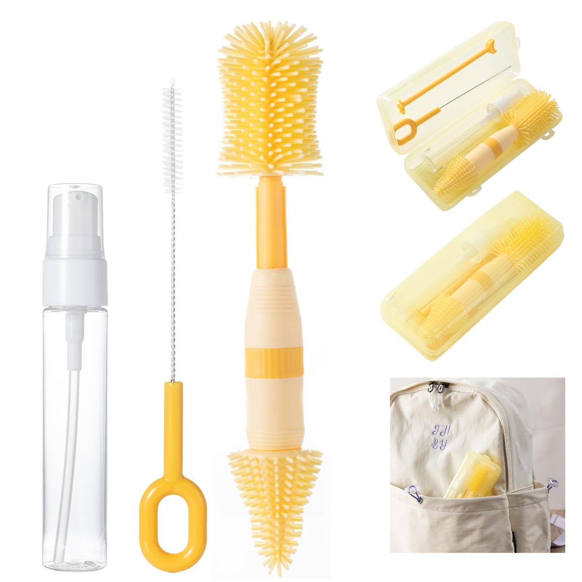 6-in-1 Baby Bottle Cleaning Kit, Portable Travel Bottle Brush Set with Nipple Brush, Straw Brush, Soap Dispenser, Drying Rack & Storage Box, BPA-Free, Compact Infant Feeding Essentials (Yellow)
