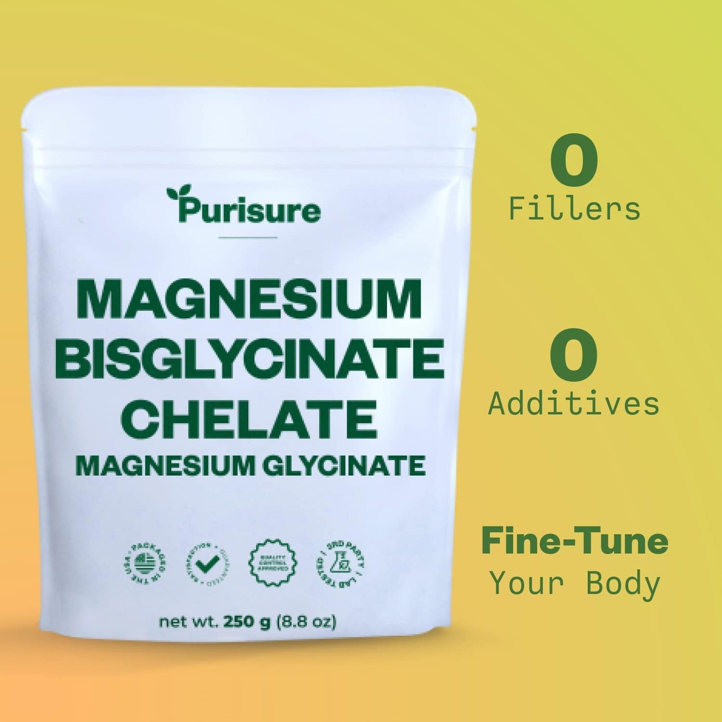 Purisure Magnesium Bisglycinate Chelate, 250g, Pure Magnesium Glycinate Powder for Bones, Magnesium Bisglycinate Chelate for Sleep and Muscle Flexibility, Gluten-Free, Non-GMO, 133 Servings - Medaid International
