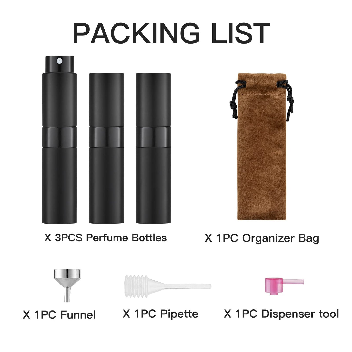 LISAPACK 8ML Atomizer Perfume Spray Bottle for Travel (3 PCS) Empty Cologne Dispenser, Portable Sprayer (Black) - Medaid International