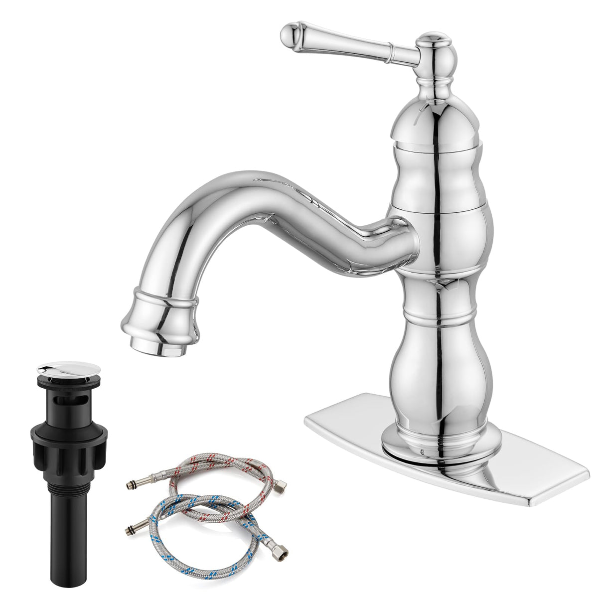 gotonovo Bathroom Vessel Sink Faucet Polish Chrome Single Handle Lavatory Vanity Mixer Bar Tap 360° Swivel with Pop Up Drain Tall Spout Single Hole Deck Mount