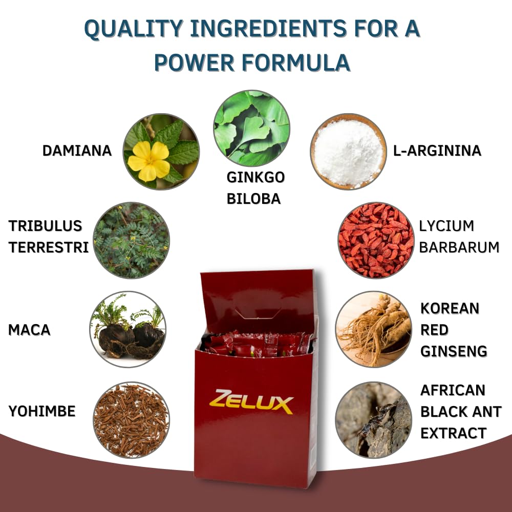 Zelux Supplement Box 8 Sachets - Booster for Vitality & Performance - Natural Stamina - Energy Support - Natural Ingredients Damiana, Tribulus Terrestri, Ginkgo Biloba, Maca, Korean Red Gingseng - Medaid International