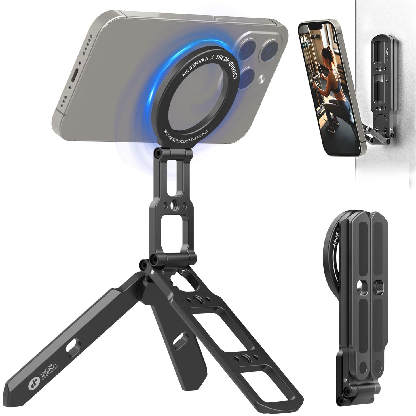 MOSENVKA Dual Magnetic Phone Tripod Foldable Double Magnet Mount Pocket Cell Phone Stand for iPhone 16/15/14/13/12 Plus Max for Ipad Travel Gym Magnetic Tripod [US Patent Registered] - Medaid International