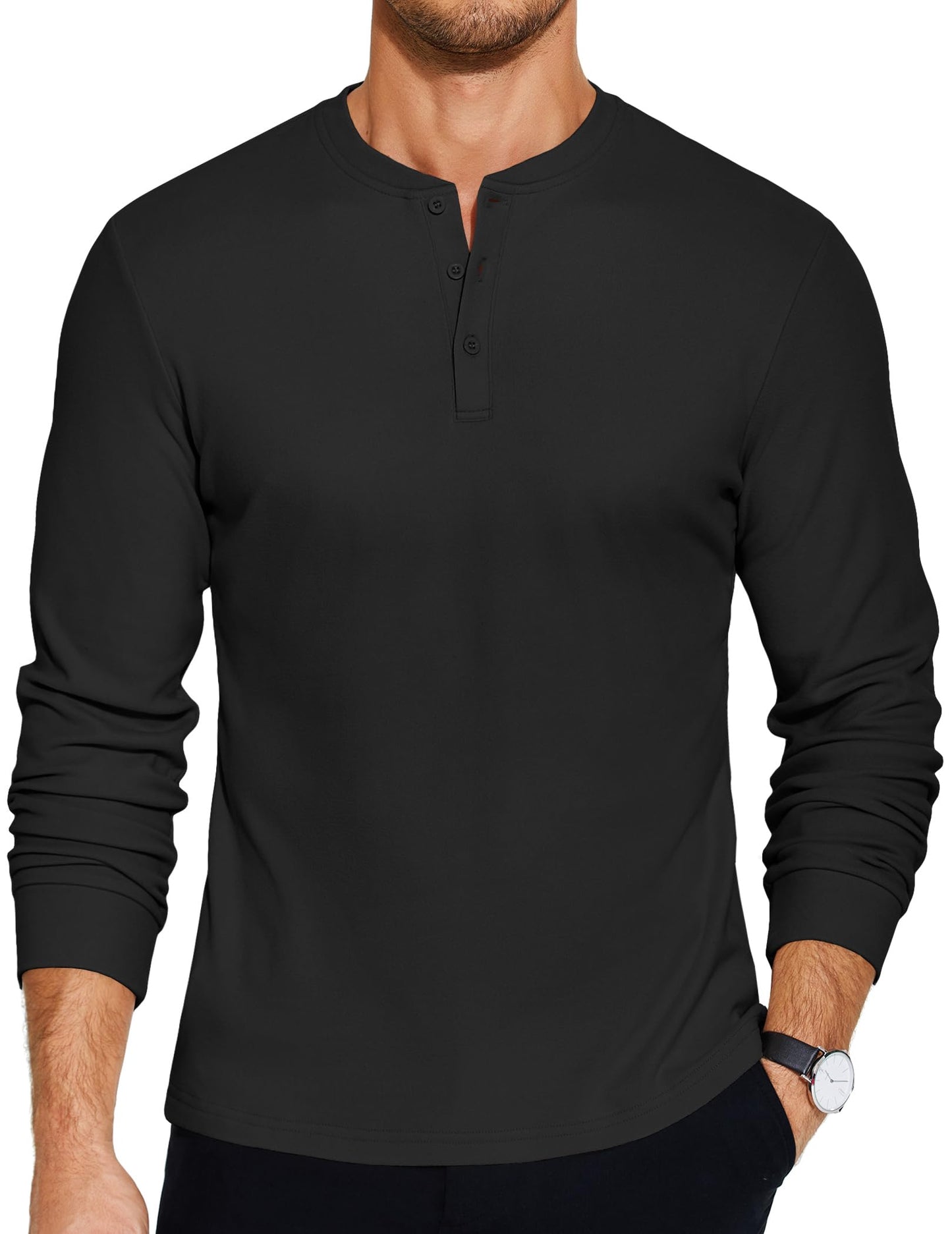 COOFANDY Mens Long Sleeve Henley T-Shirts Basic Thermal Pullover Stretch Tee Shirts Fashion Casual Tops Black - Medaid International