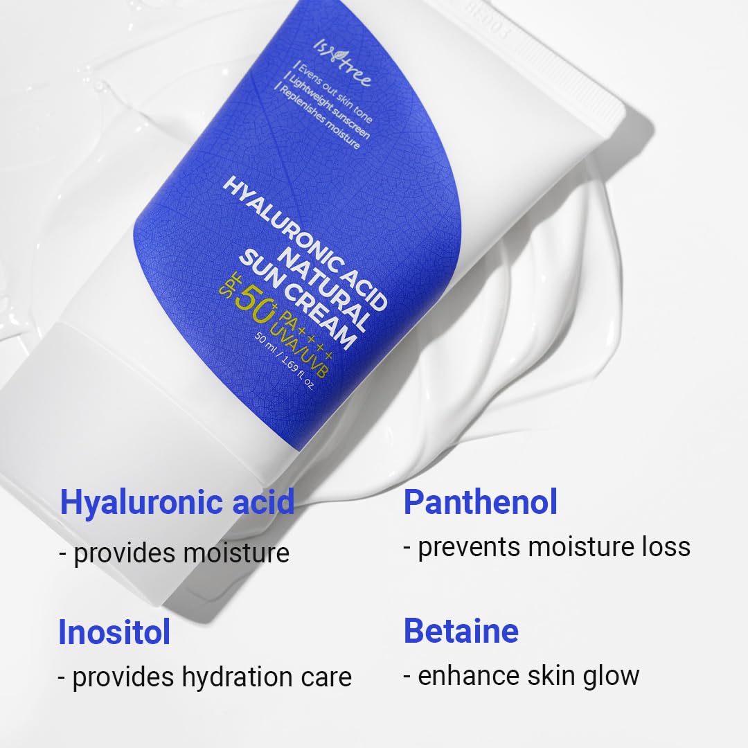 ISNTREE Hyaluronic Acid Natural Suncream SPF50 PA++++ 50ml, 1.69 fl.oz | Evens out skin tone | Lightweight sunscreen | Replenishes moisture - Medaid International