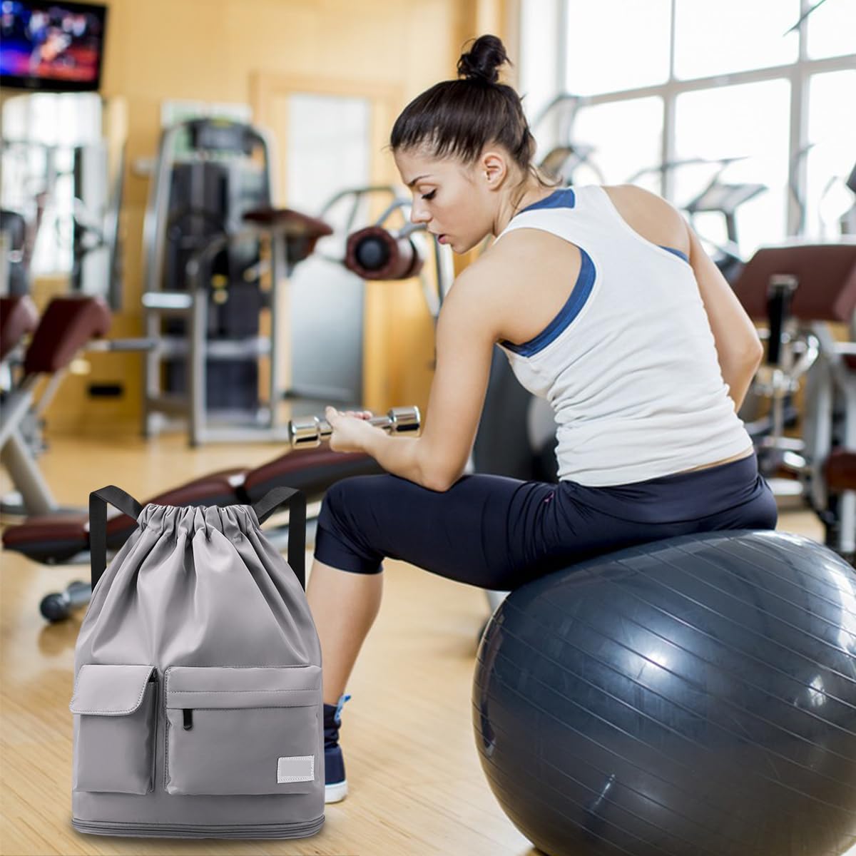 TERRIFI Gym Bag, Sports Equipment Mesh Bag with Drawstring for Swimming, Beach, Diving, Travel, Gym, Waterproof Sports Bag, Casual Lightweight Outdoor Backpack, Large Capacity (Gray)