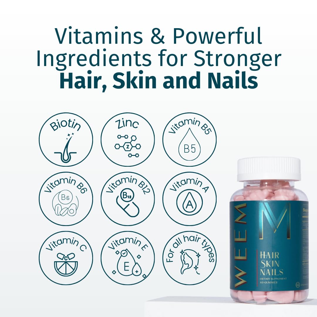 WEEM Hair Skin and Nails Gummies - Supports Healthy Hair - Vegan biotin Vitamins for Women & Men Supports Faster Hair Growth, Stronger Nails, Healthy Skin, Extra Strength (1) - Medaid International