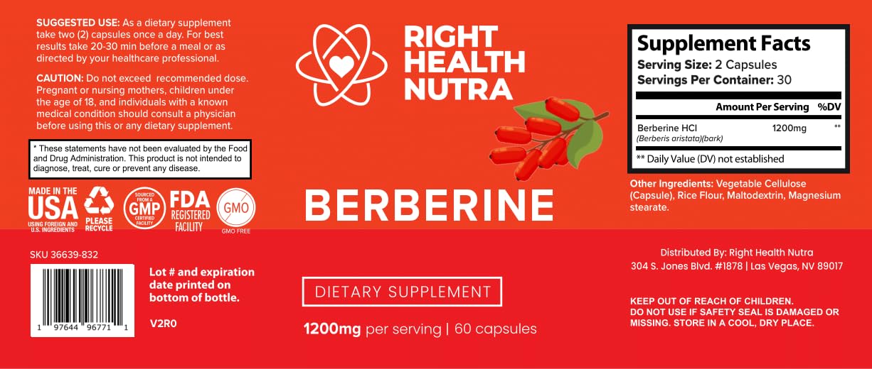 Right Health Nutra - Berberine 1200mg - 60 Capsules - Pure, Natural Support for Fighting Free Radicals, Boost Immunity & Balance Microbiome - Vegan & Natural Berberine Capsules - Medaid International