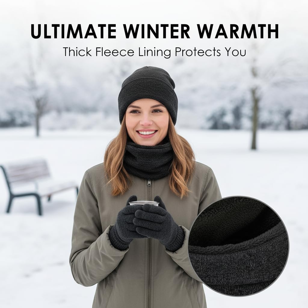 KASTWAVE Winter Beanie Hat Scarf Touchscreen Gloves Set, Knit Thick Fleece Lined Warm Touchscreen Gloves Beanie Scarf Set for Men and Women, Women Winter Hats 3-Piece Warmer Gift Box