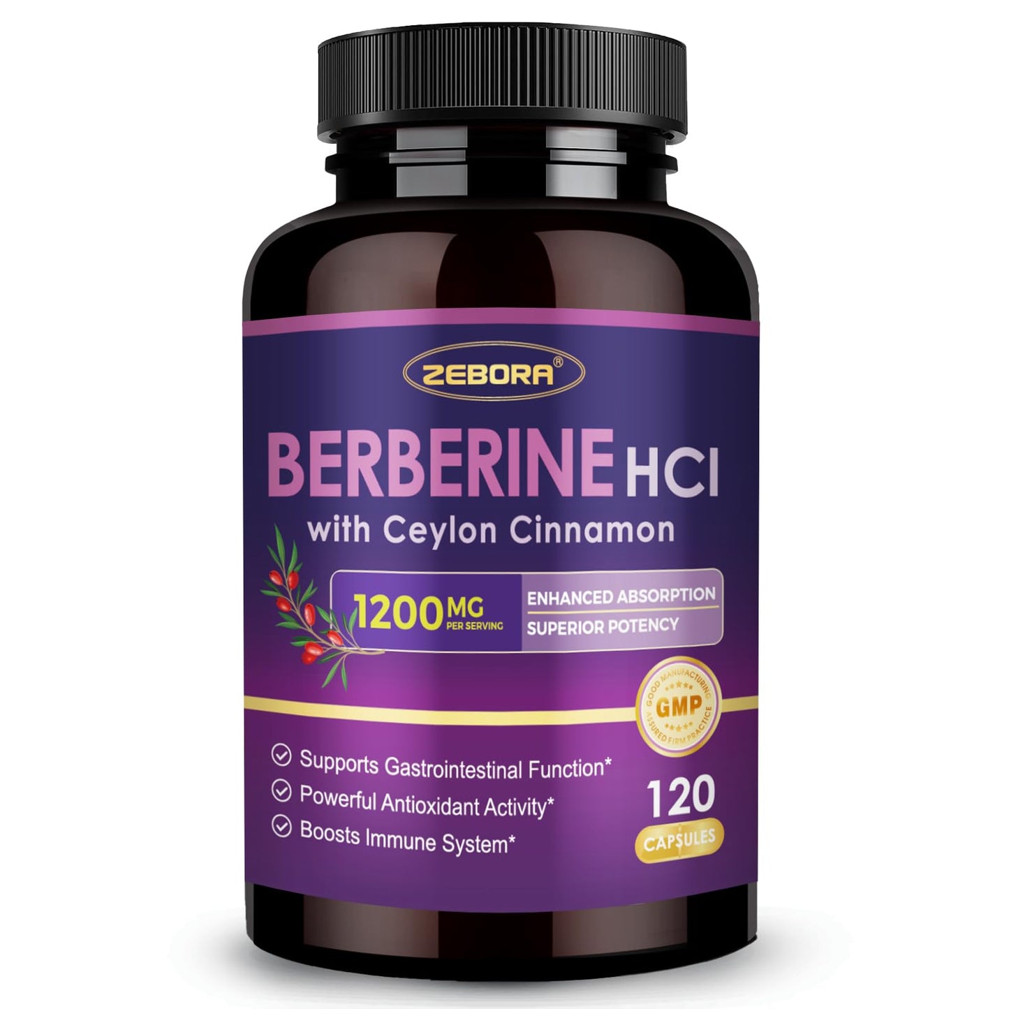 ZEBORA Premium Berberine HCL Supplement 1200 mg, Berberine GLP-1 Support with Ceylon Cinnamon, ALA & Capric Acid, Supports Immune & Antioxidant, Non-GMO, 120 Capsules - Medaid International