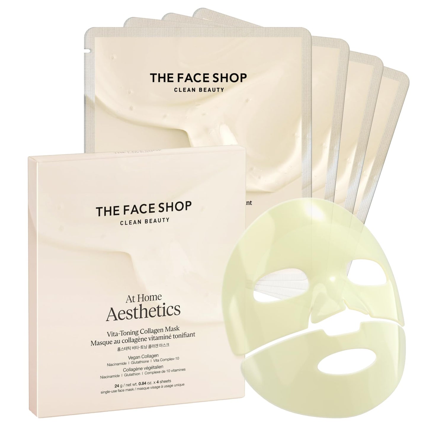THE FACE SHOP Vita-Toning Vegan Collagen Face Mask, Korean Glass Skin Essential, Hydrogel Mask for Moisturizing & Skin Elasticity, Improves Uneven Tone, 4EA - Medaid International