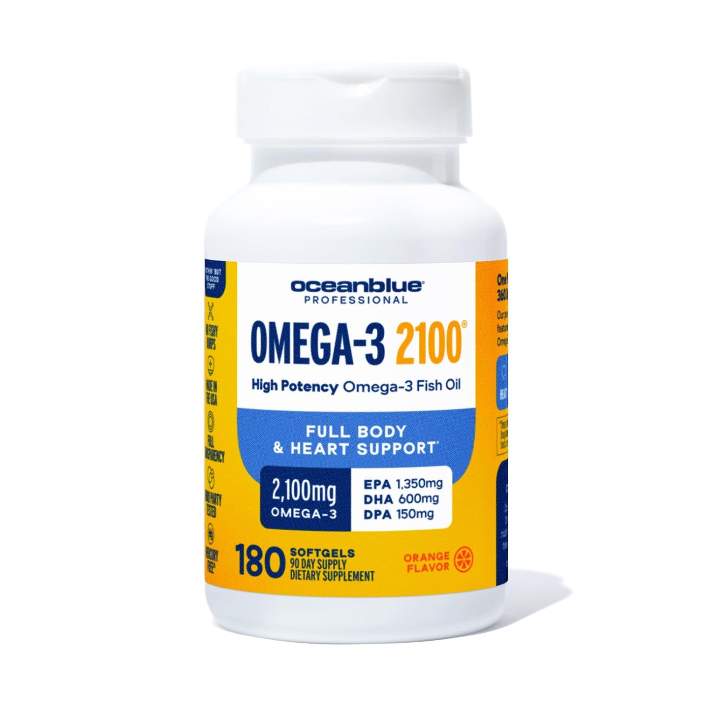 Oceanblue Professional Omega-3 2100 – 180 ct – Triple Strength Burpless Fish Oil Supplement with High-Potency EPA, DHA, DPA – Wild-Caught – Orange Flavor (90 Servings) - Medaid International