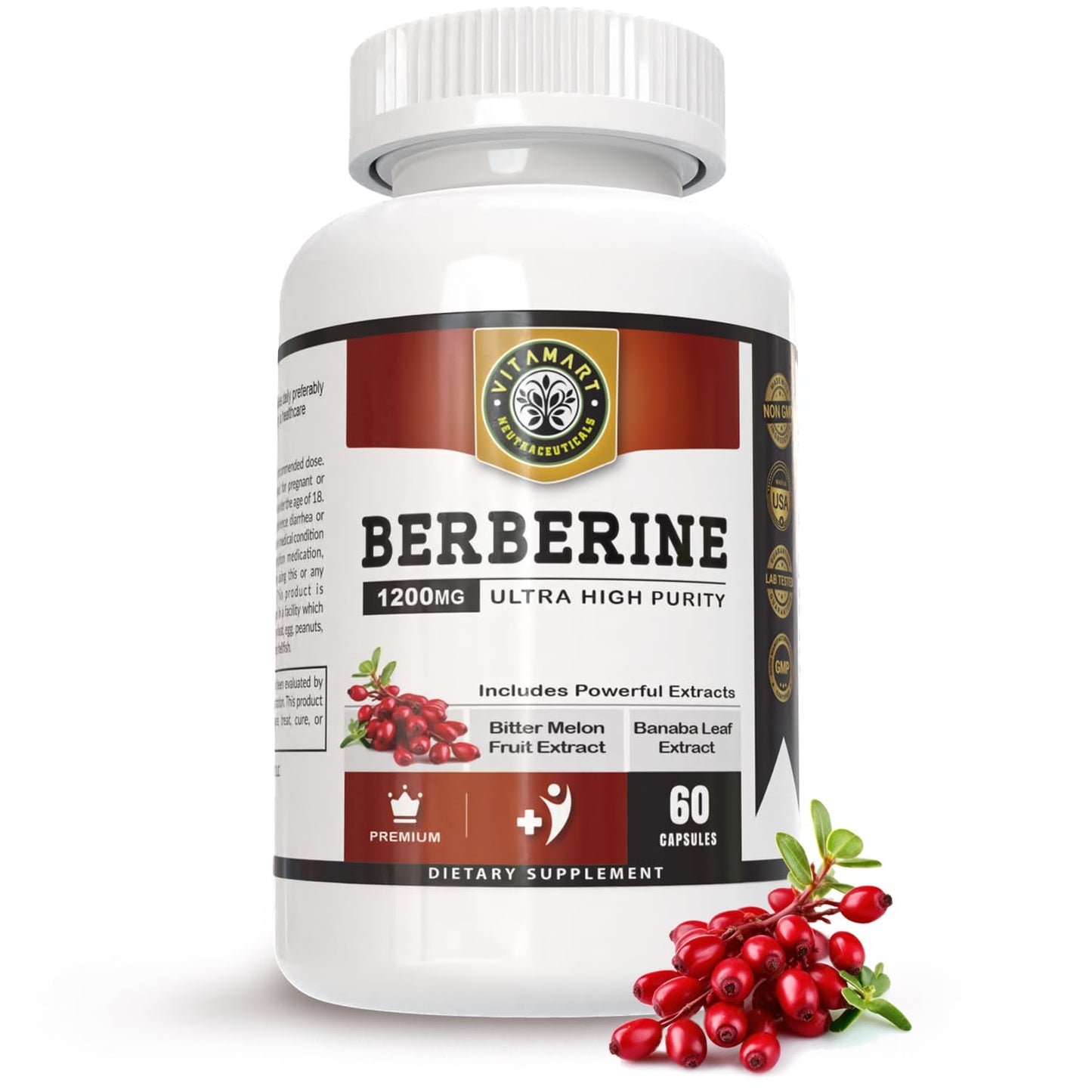 Vitamart Berberine HCL 1200mg Premium, Ultra High Purity, Pure 60 Capsules - Berberine Supplement, Supports Immune System, Berberine Plus Enhanced with Bitter Melon Fruit & Banaba Leaf Extract - Medaid International