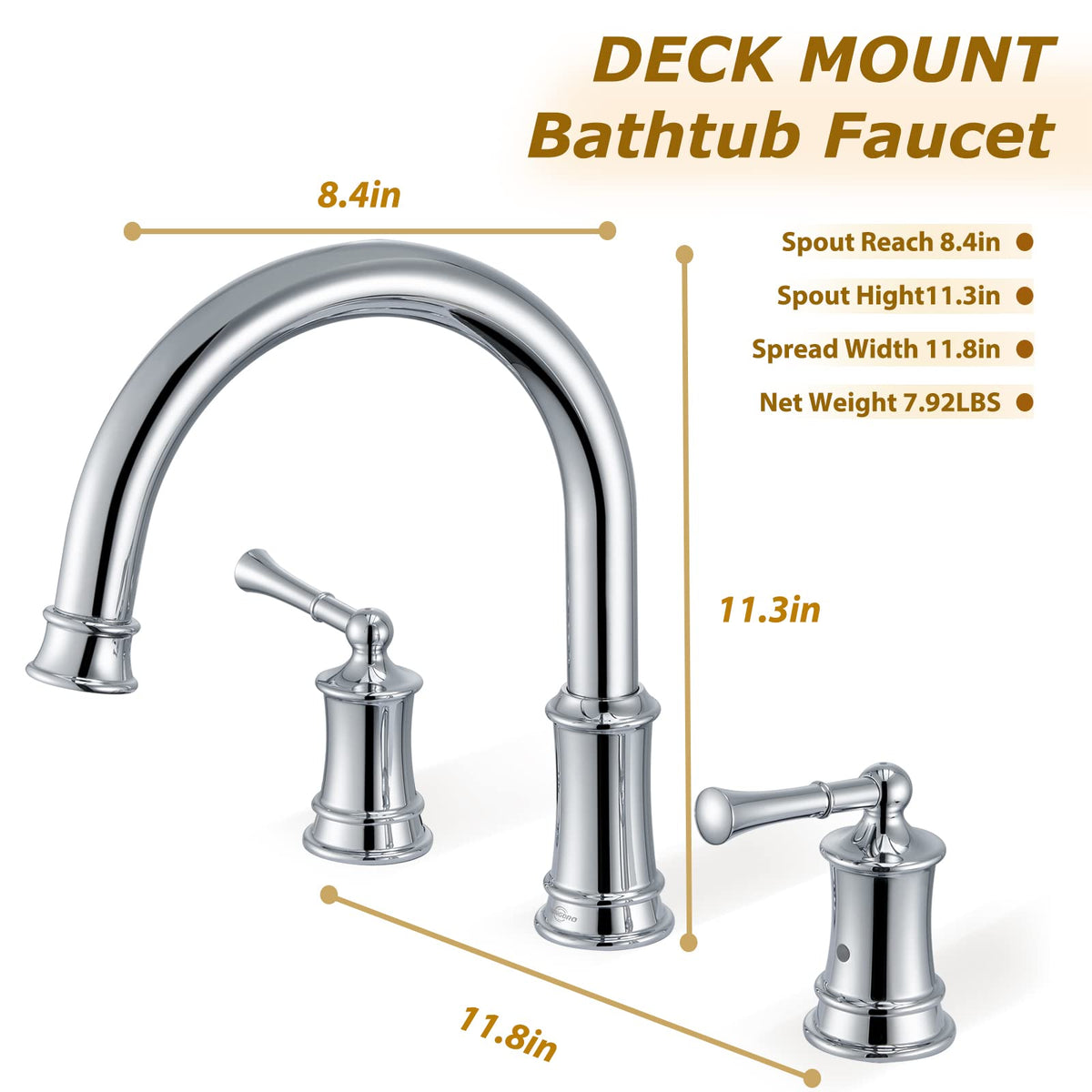 Bathtub Faucet, Deck Mount Antique Tub Faucet 2 Lever Handles, Widespread 3 Holes Brass Rough-in Tub Faucet, 360° Swivel Spout, High Flow Faucet for Bathroom, Chrome(B2307-CP)