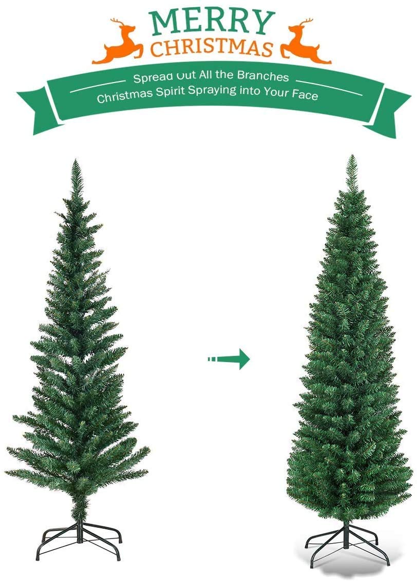 Giantex, Green Artificial Pencil Christmas, Premium Hinged Pine Tree with Solid Metal Legs, Perfect for Home, Shops and Holiday Decoration, (5FT) (Artificial Pencil Christmas Tree) - Medaid International