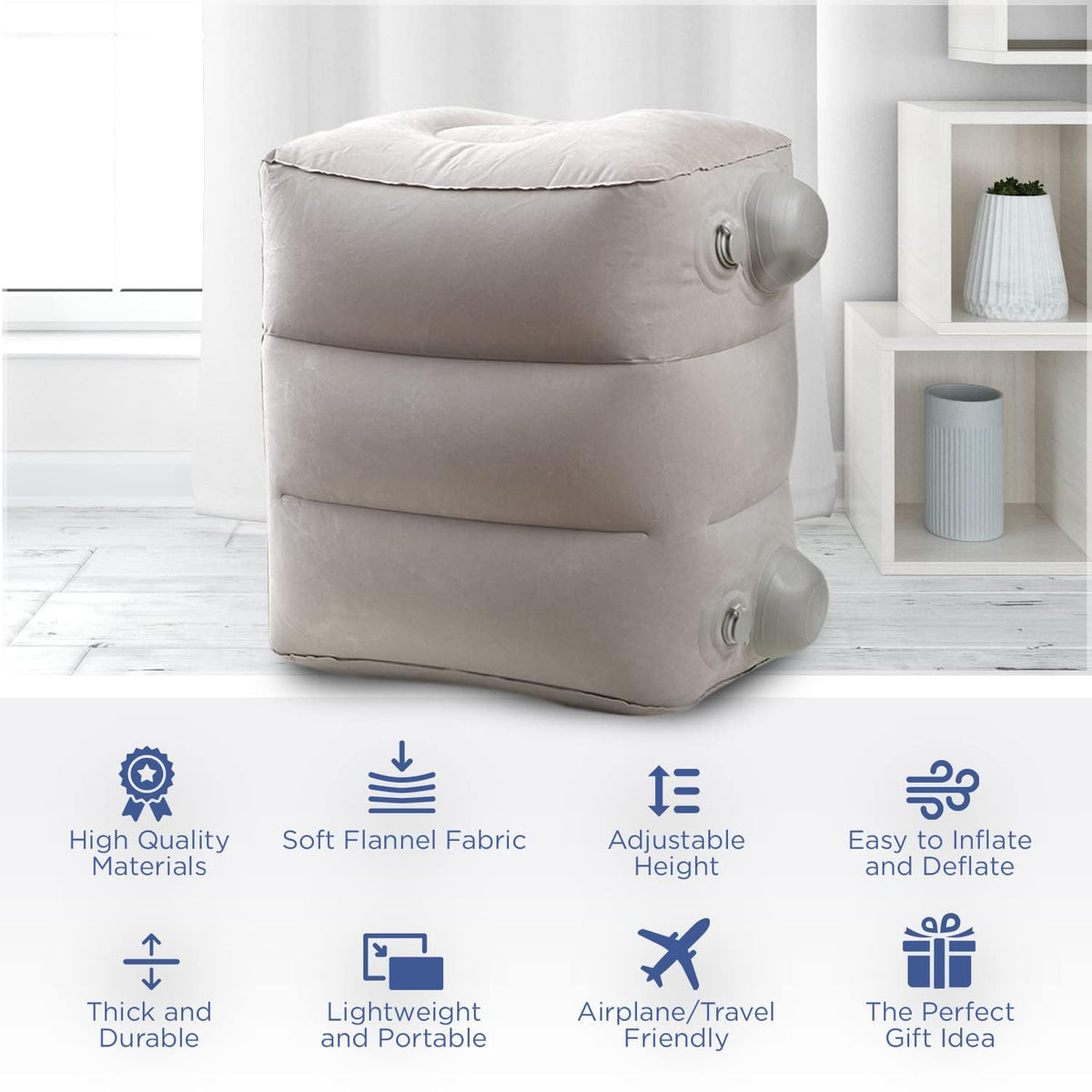 KASTWAVE Inflatable Foot Rest for Airplane, Car Seat Foot Rest for Kids Airplane Bed for Toddler, Blow up Plane Footrest Pillow, Foot Stool Relieves Swelling, with Integrated Inflating Buttons (Grey)