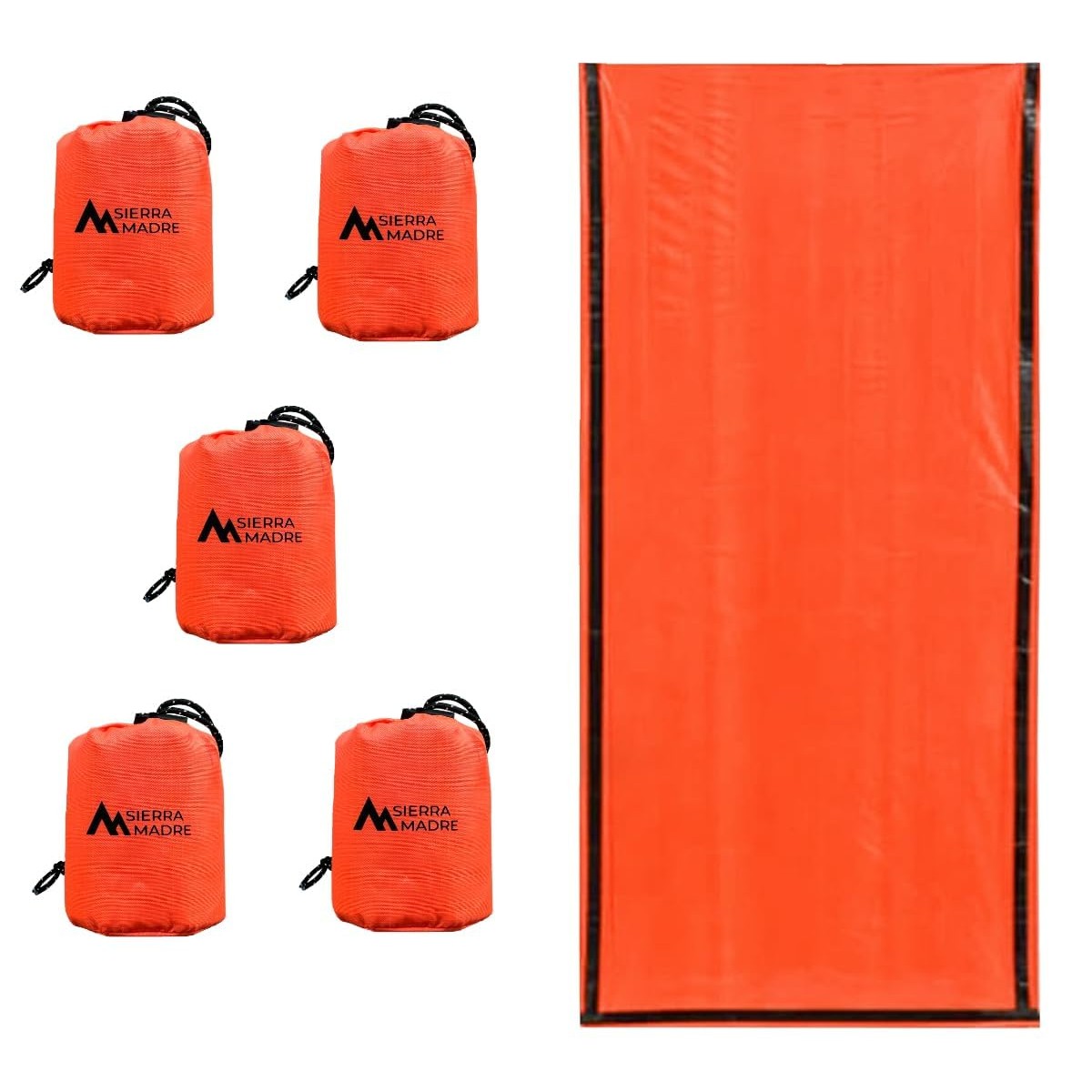 Sierra Madre Emergency Sleeping Bag – Ultralight, Waterproof Mylar Thermal Bivy Sack Tent for Hiking, Bug-Out Bags, Survival Kits – Emergency Survival Space Blanket for Heat Retention 5 Pack