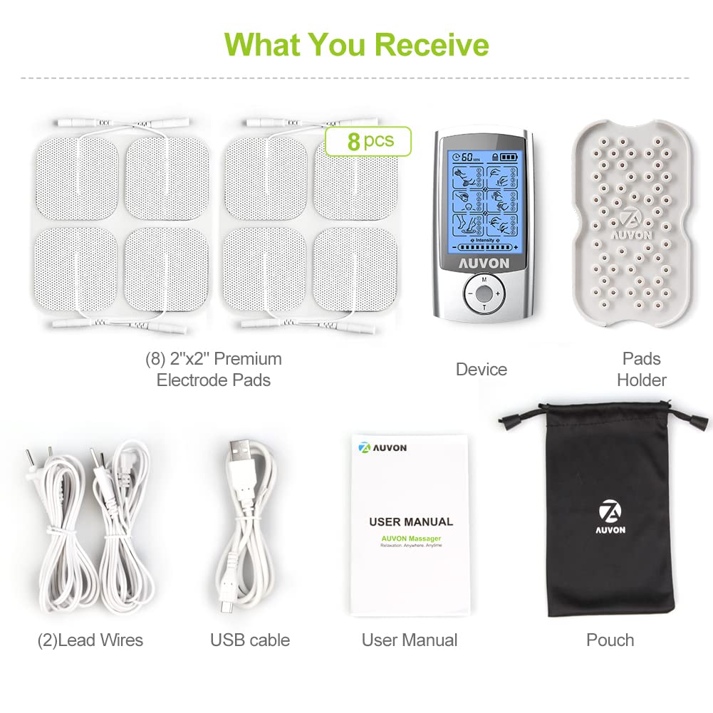 AUVON Rechargeable TENS Unit Muscle Stimulator, 24 Modes 4th Gen TENS Machine with 8pcs 2"x2" Premium Electrode Pads for Pain Relief - Medaid International
