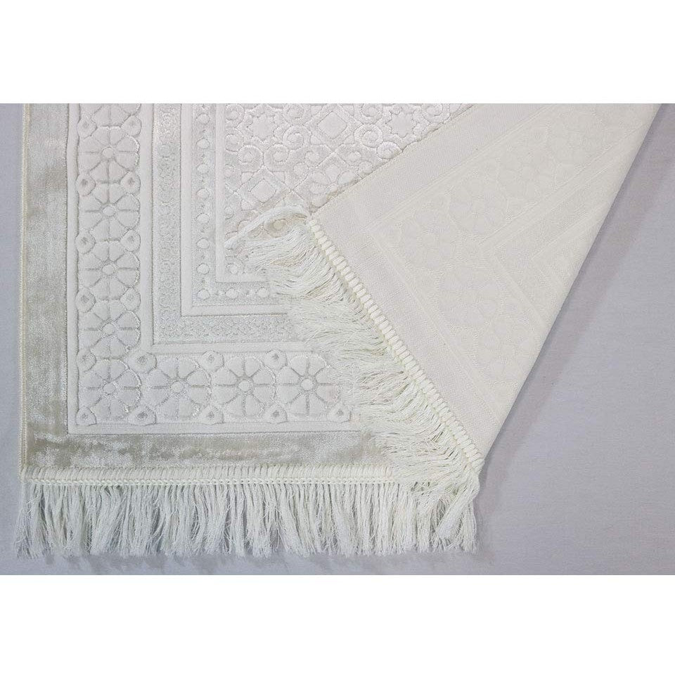 Modefa Velvet Prayer Rug - Soft Plush Turkish Janamaz Sajada Carpet for Men and Women - Plain Solid Prayer Mat Ramadan Eid Gift - with Prayer Beads - Luxury Floral Stamp (White) - Medaid International