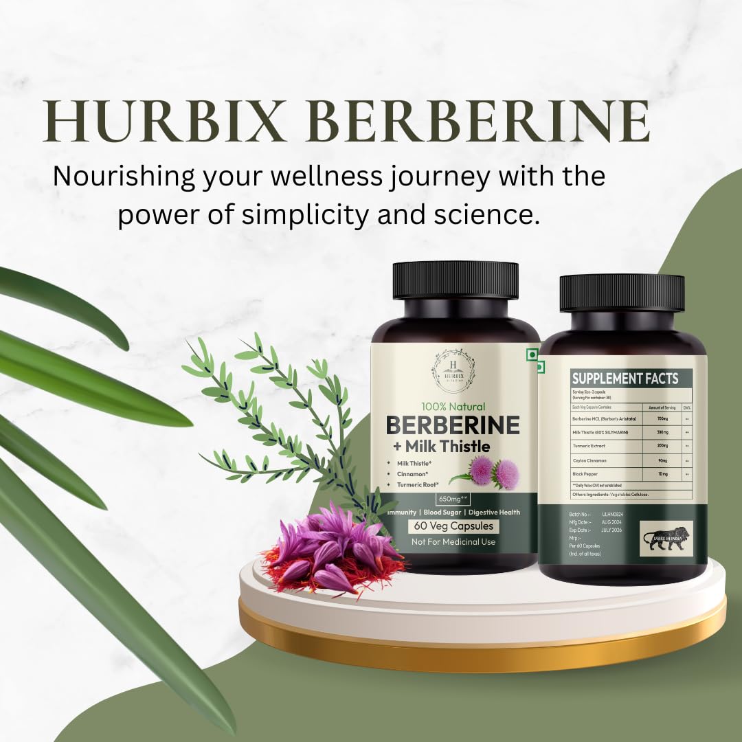Hurbix Berberine - 1300 mg | 5 in 1 Enhanced Formula with Milk Thistle, Turmeric & Cinnamon | Premium High-Potency Formula | 60 Capsules - Medaid International