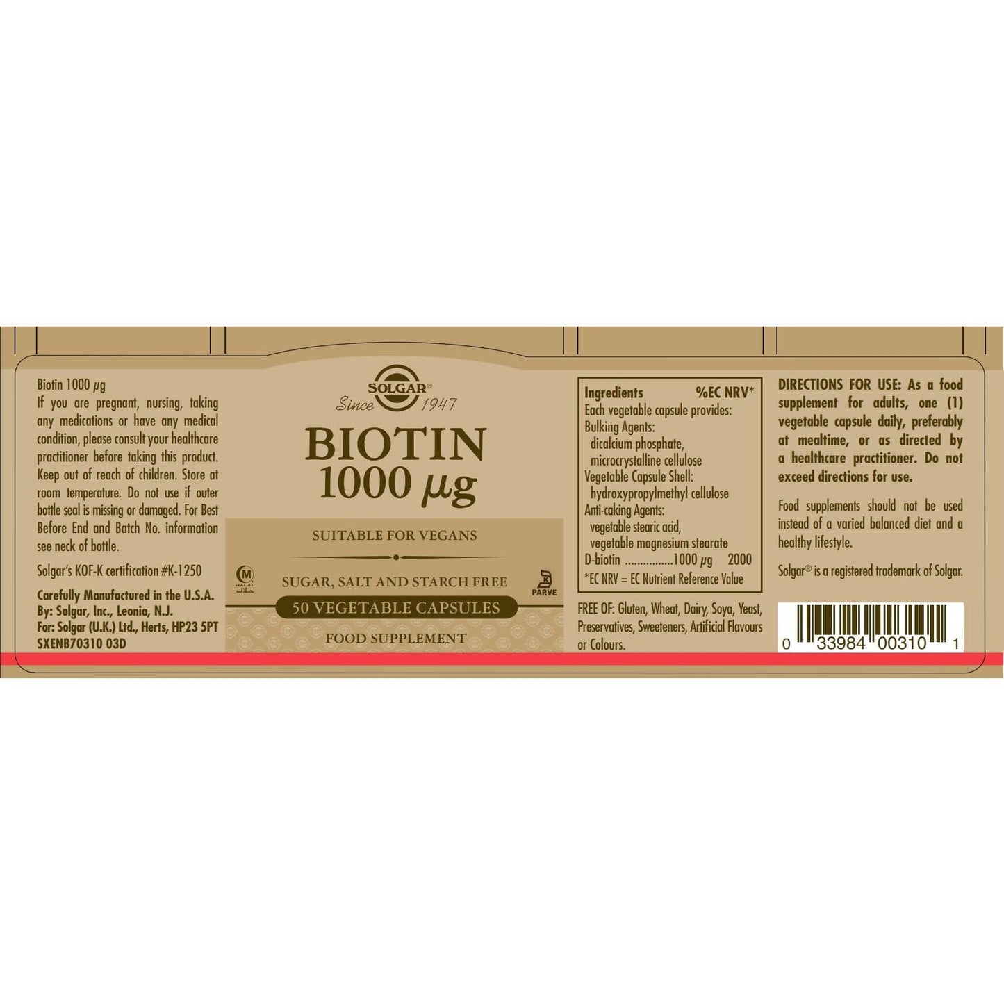 Solgar Biotin 1000 mcg, 50 Vegetable Capsules - Supports Healthy Skin, Nails & Hair - Energy Metabolism - Enhanced Potency - Non-GMO, Vegan, Gluten Free, Dairy Free, Kosher, Halal - 50 Servings - Medaid International