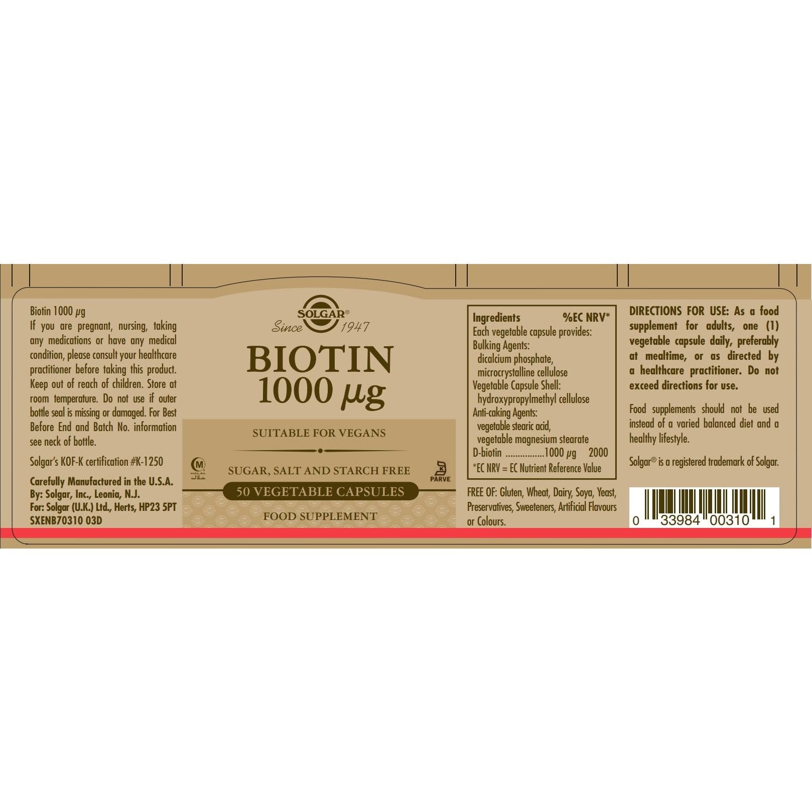 Solgar Biotin 1000 mcg, 50 Vegetable Capsules - Supports Healthy Skin, Nails & Hair - Energy Metabolism - Enhanced Potency - Non-GMO, Vegan, Gluten Free, Dairy Free, Kosher, Halal - 50 Servings - Medaid International