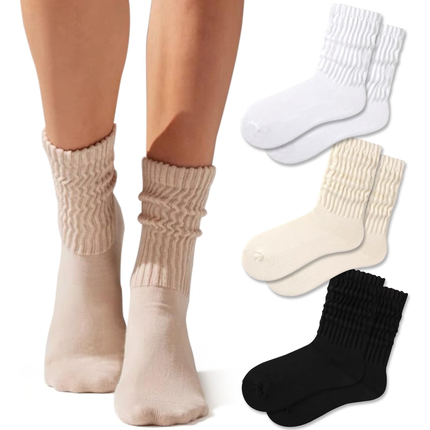 Fszsaa Women's Multipair Cotton Cushioned Athletic Retro Slouch Mid Calf Rib Tube Socks - Medaid International
