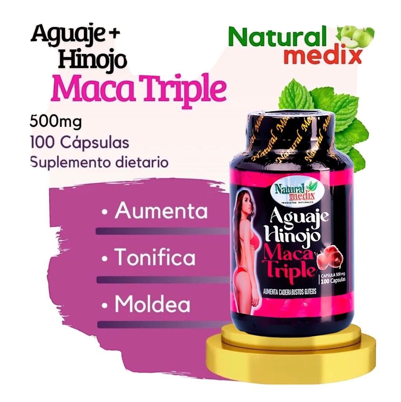 Natural medix Aguaje Hinojo Maca Triple (Maca Root Supplement) Premium 100 Capsules - Peruvian Butt and Breast Enhancement Capsules - Female Health Supplement - Curves Powerful Antioxidant - Medaid International