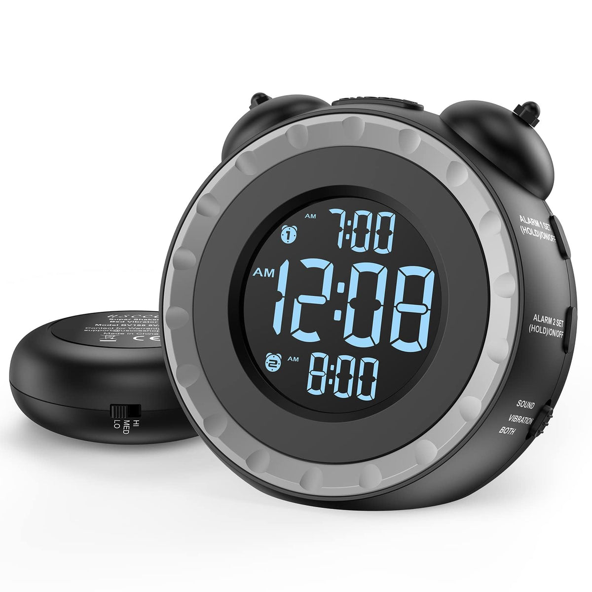 TERRIFI Loud Dual Alarm Clock with Bed Shaker, 0-100% Dimmer, Vibrating Alarm for Heavy Sleepers or Hearing Impaired, Easy to Set with USB Charging Port, Snooze Function, and Battery Backup
