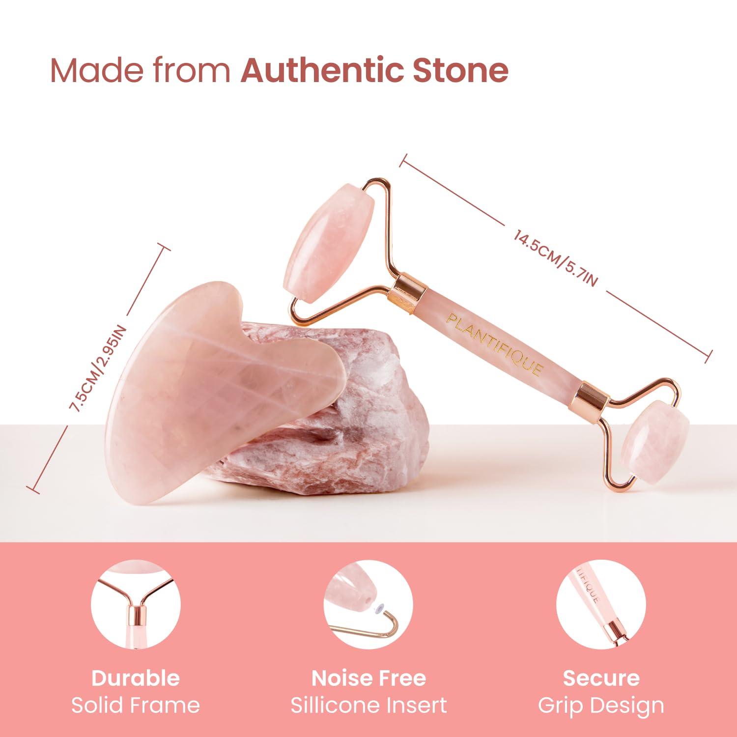 PLANTIFIQUE Face Roller and Gua Sha Rose Quartz Certified | Gifts | Guasha Tool for Face | Jawline Shaper | Your Skin Care Routine - Medaid International
