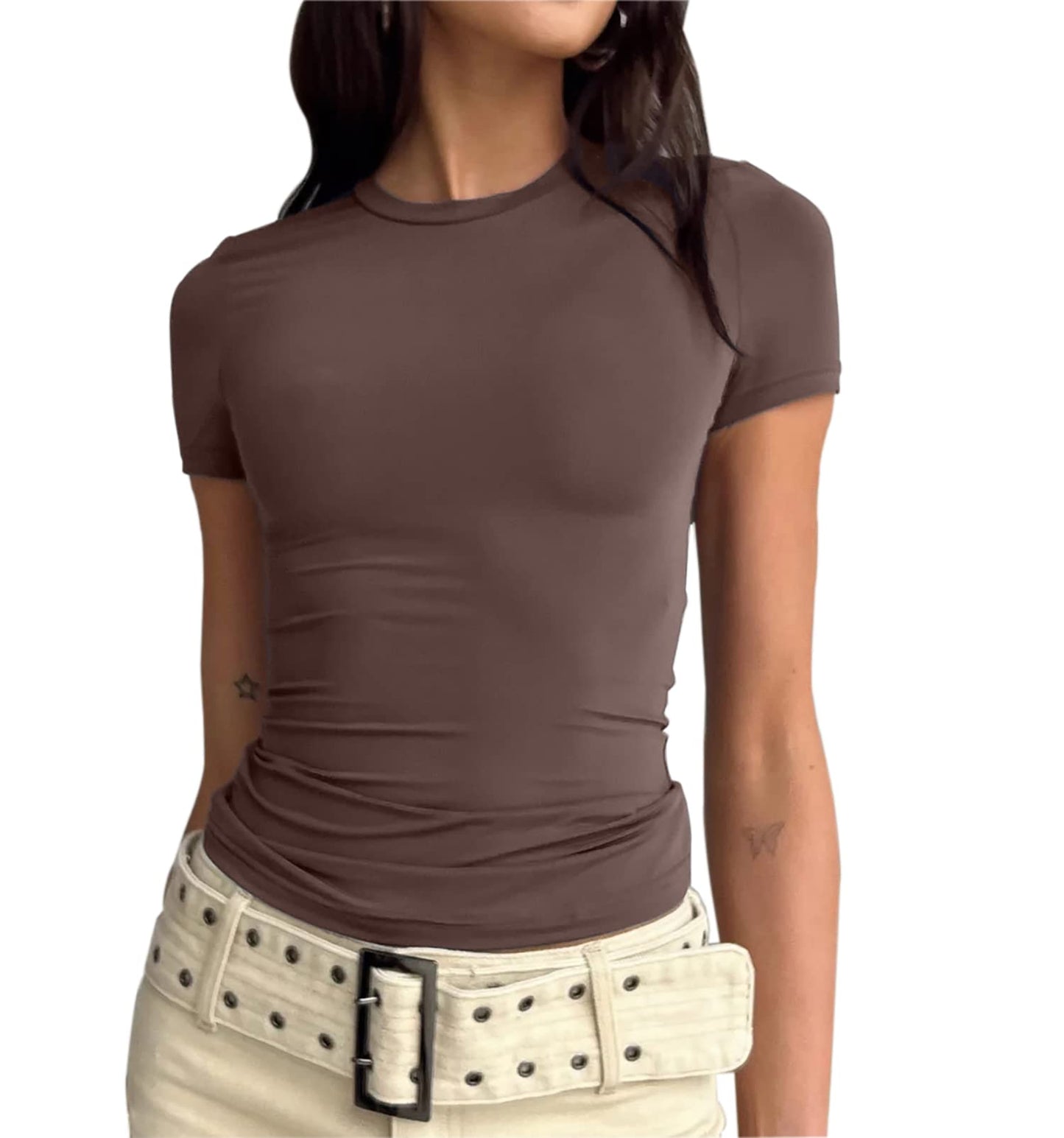 BAIGRAM AKLOPVII Women’s Basic Slim fit Crop Top Tee Shirt Short Sleeve Workout Round Neck Cropped Tshirt Brown - Medaid International