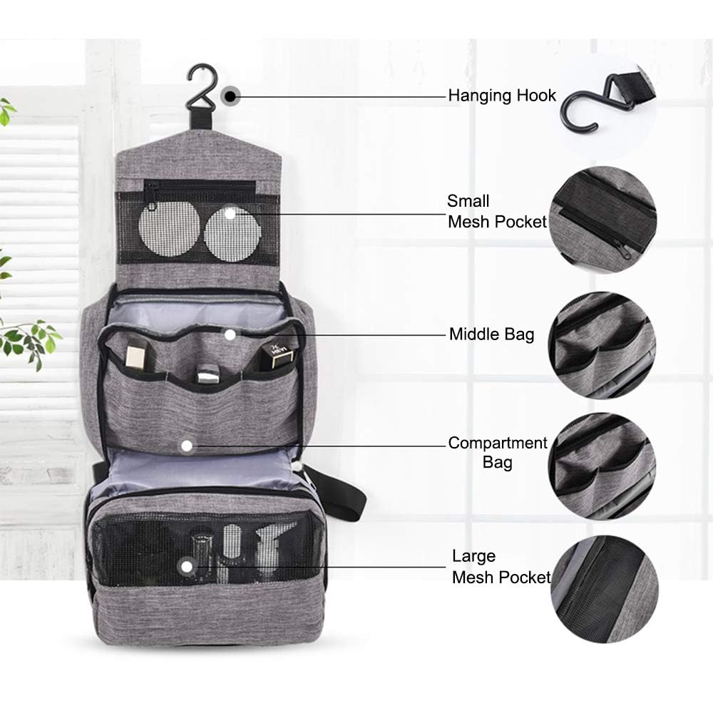 TERRIFI Compact Hanging Toiletry Bag, Portable Toiletry Bag with Hanging Hook, Water-Resistant Cosmetic Bag, Travel Makeup Organizer, Large Capacity Toiletry Organizer for Women Men, Grey