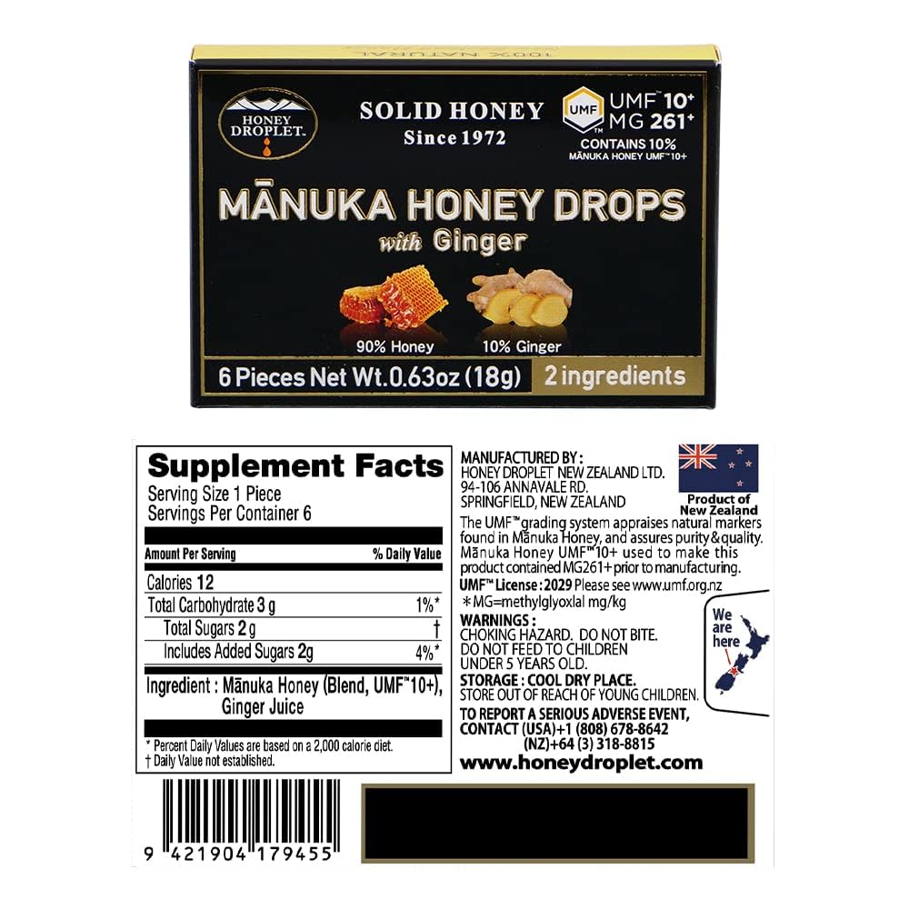 HONEY DROPLET] UMF™10+ (MG 261+) 100% Manuka Honey Drops, Truly Natural from New Zealand, 2 Premium Ingredient, 12 Packs (Ginger Flavor) - Medaid International