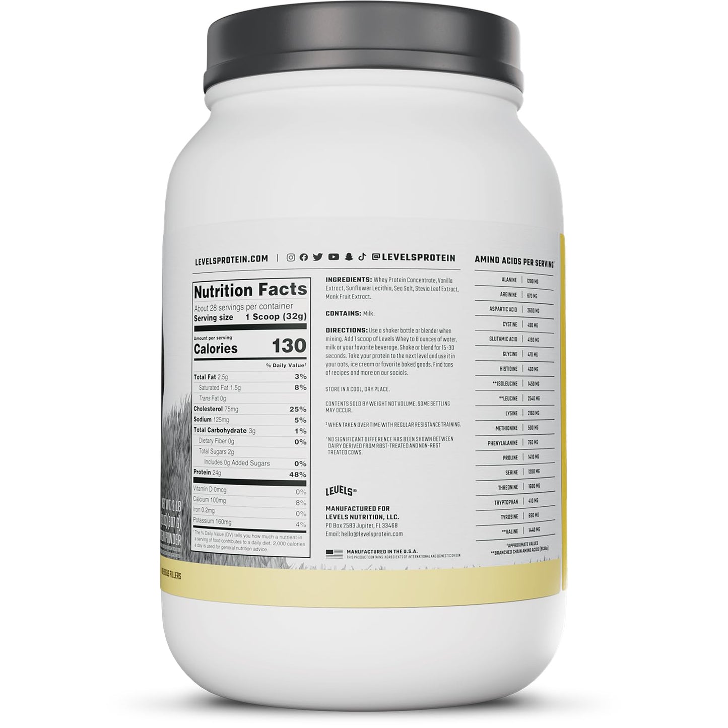 Levels Grass Fed Whey Protein Powder, No Artificials, 24G of Protein, Vanilla Bean, 2LB - Medaid International