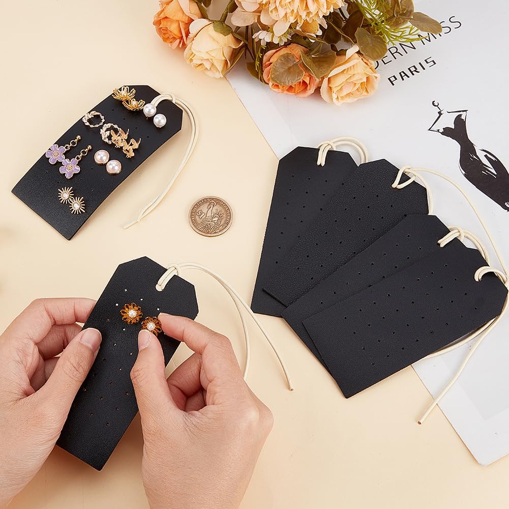 TERRIFI 7Pcs Portable Leather Earring Holders, Black Imitation Leather Earring Displays, 4.3x2 Inch Stud Holder, Hanging Jewelry Organizer for Earrings and Studs