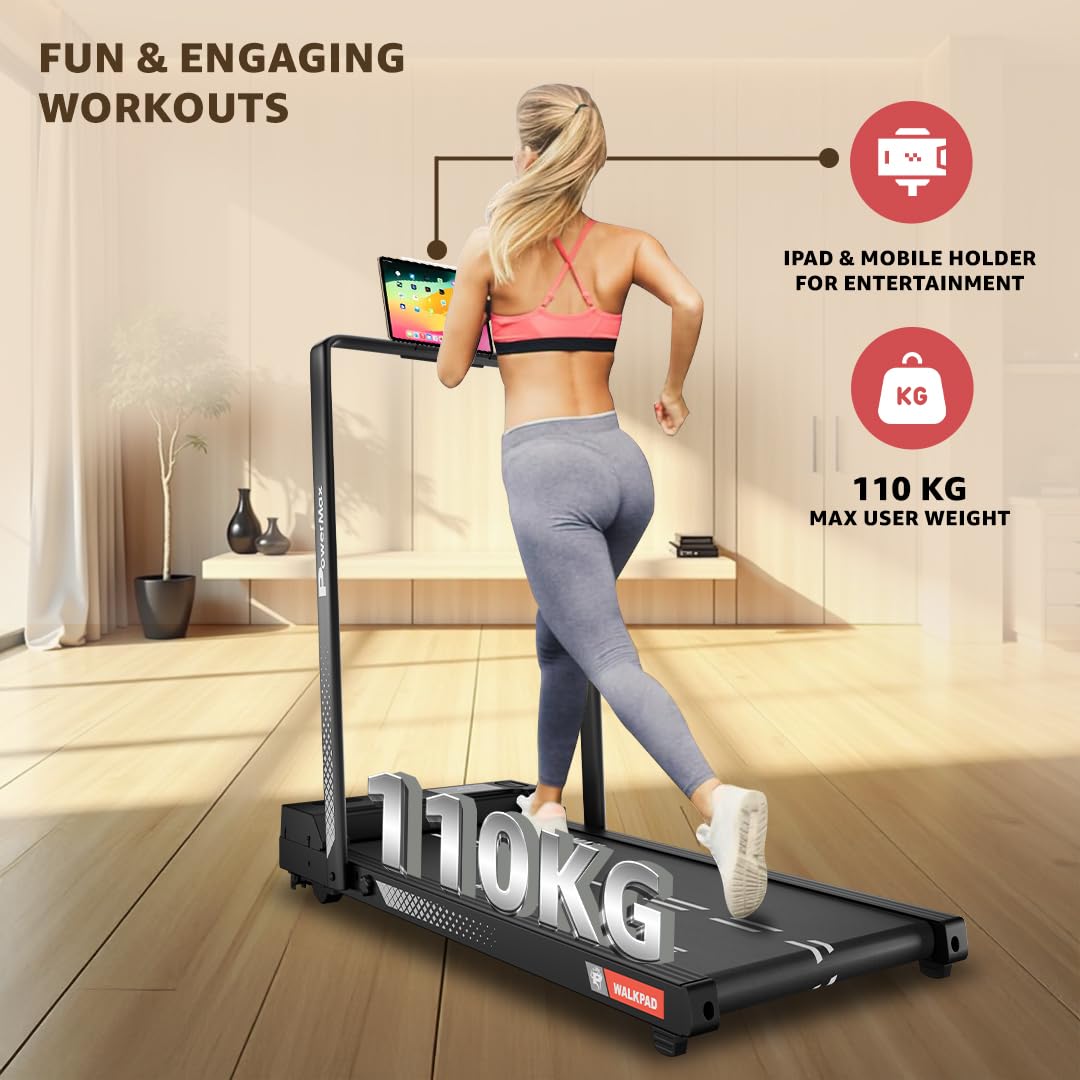 PowerMax Fitness WALKPAD (3HP Peak) Compact Motorized Treadmill for Home-Office use with Remote Control, Max User 110kg, Top Speed 10km/h, 1000x400mm Running Deck, LED Display, iPad & Mobile Holder - Medaid International