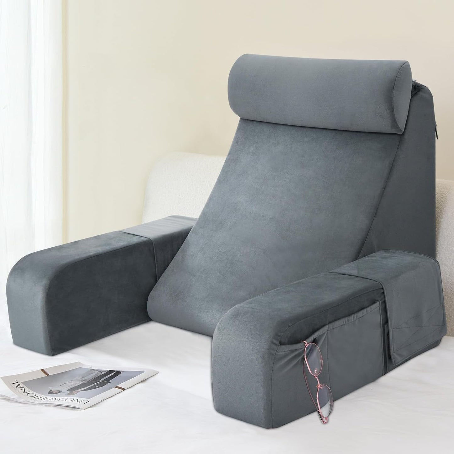 ENITYA Reading Pillow for Sitting in Bed Adult, 19" Back Support Pillow for Bed Sitting up, Backrest Cushion for Reclining,Gaming,Resting,Watching TV in Couch or Floor, Wedge with Arms, Medium(Grey) - Medaid International