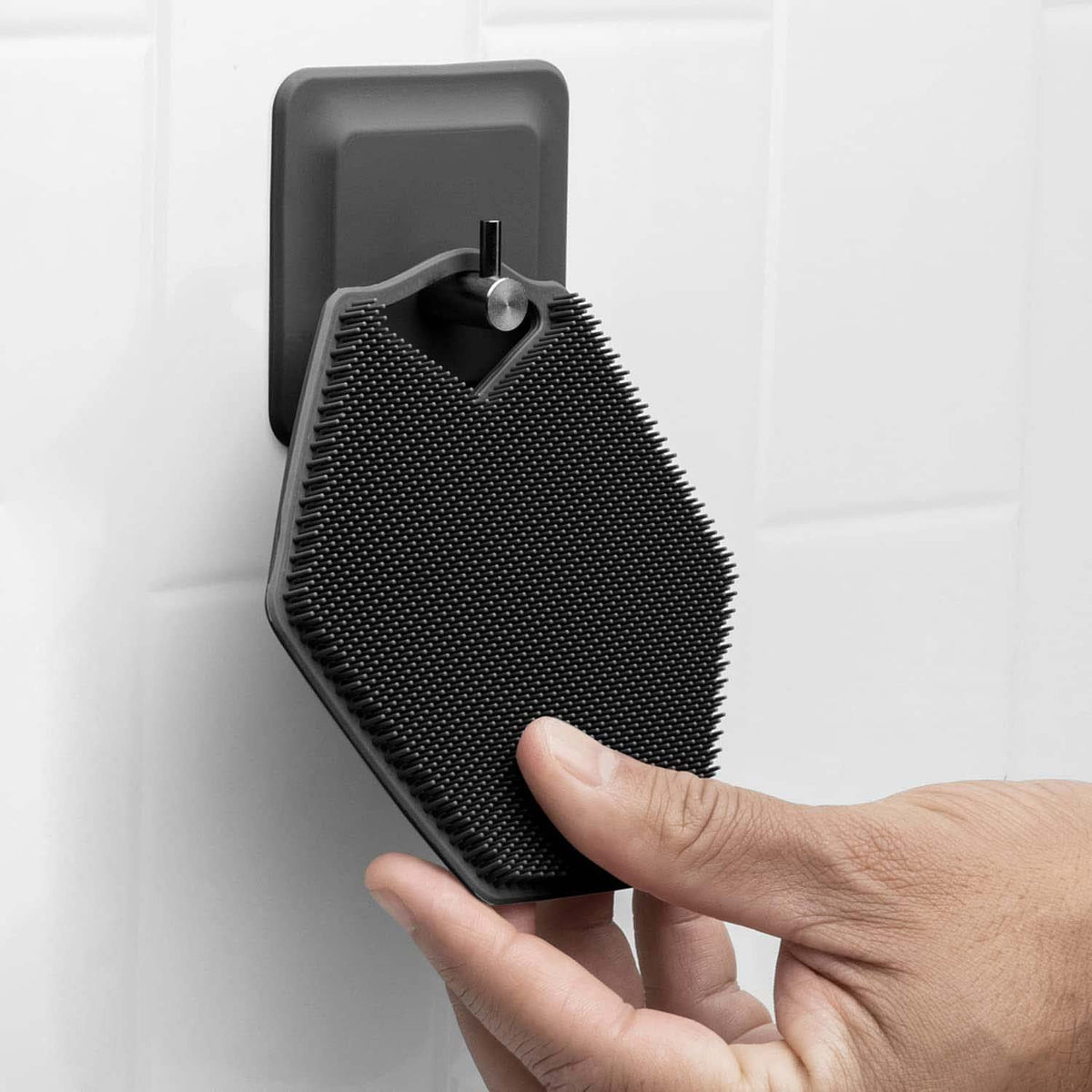 TERRIFI Body Scrubber & Storage Hook Set, Silicone Shower & Bathroom Accessory, Features Silicone-Grip Technology, Removable & Reusable Gentle Exfoliator Pad & Massager (Black)