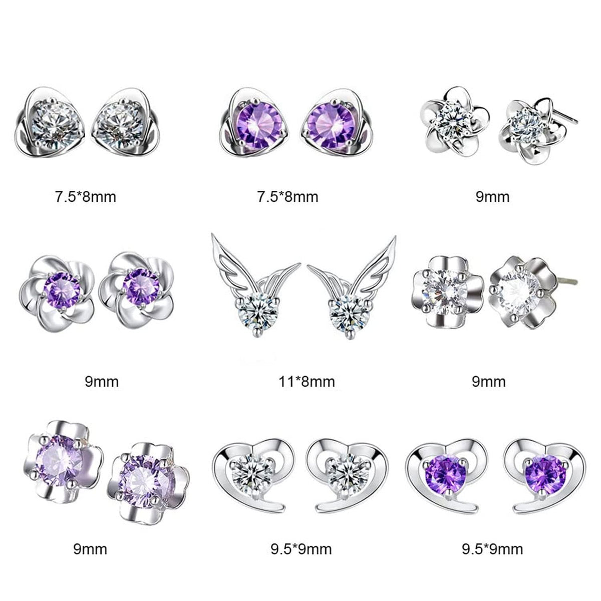 TERRIFI 925 Sterling Silver Stud Earrings Set, Hypoallergenic Sterling Silver Earrings For Women, Flower Clear Cubic Zirconia Stud Earrings, 9 Pairs Different Sizes Sterling Silver Earring Studs