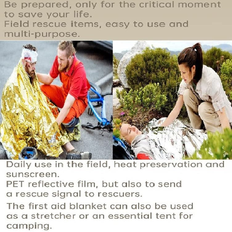 GALAXYLENSE Emergency Mylar Thermal Blanket for Survival First Aid Kits Army Outdoors Hiking Camping Bug Out Trauma Desert All Weather Condition Protection (4 Packs Gold)