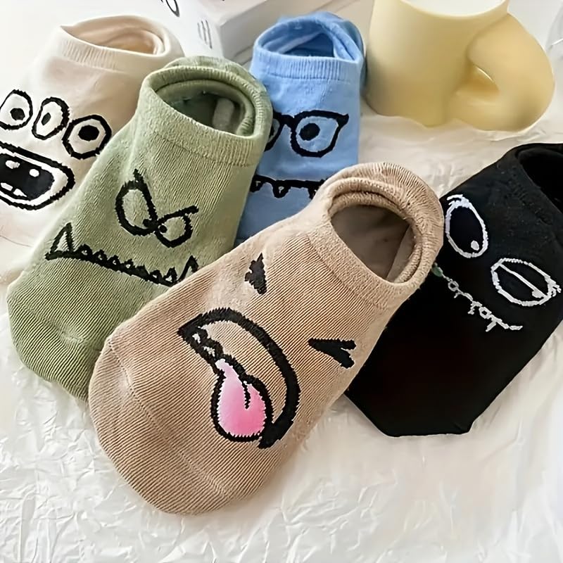 TERRIFI 5 Pairs of Cartoon Print Low Cut Ankle Socks, Funny Breathable Women's Stockings for Everyday Wear